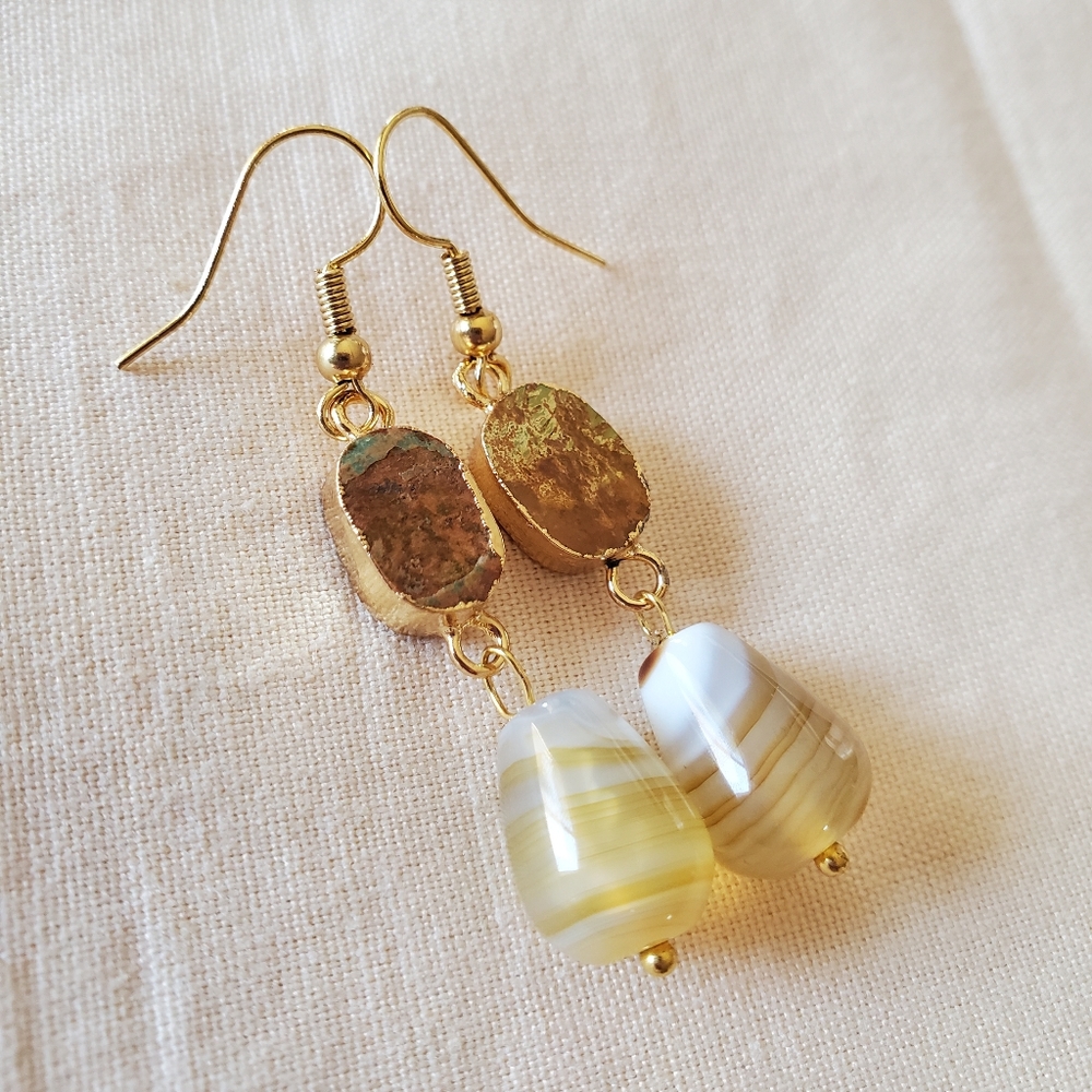 Handmade yellow stripe agate and Chinese turquoise earrings